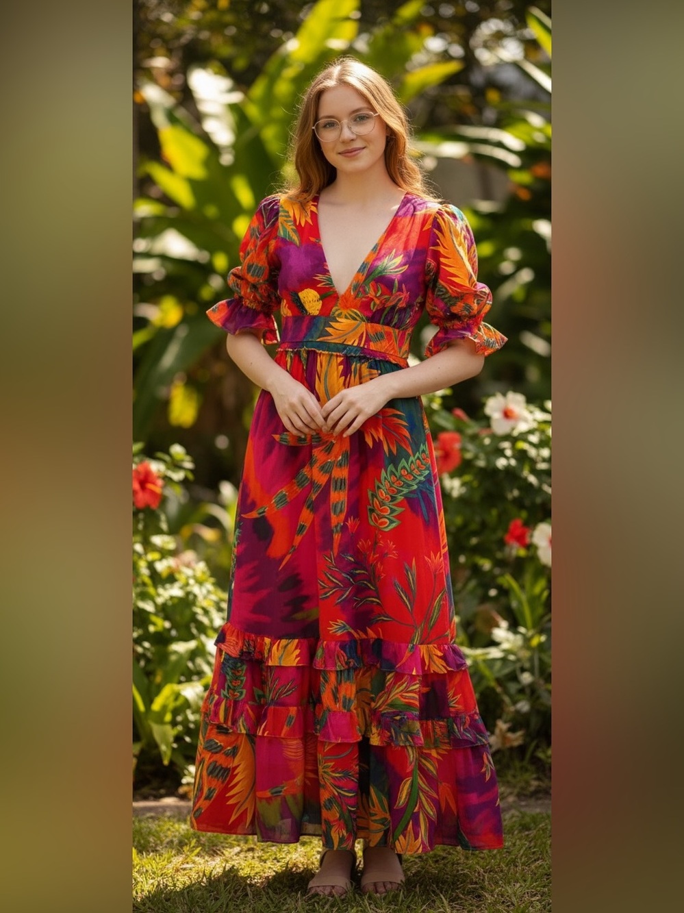 FARM Rio Multicolor Floral Puff-Sleeve Maxi Dress - Pink/Orange/Blue